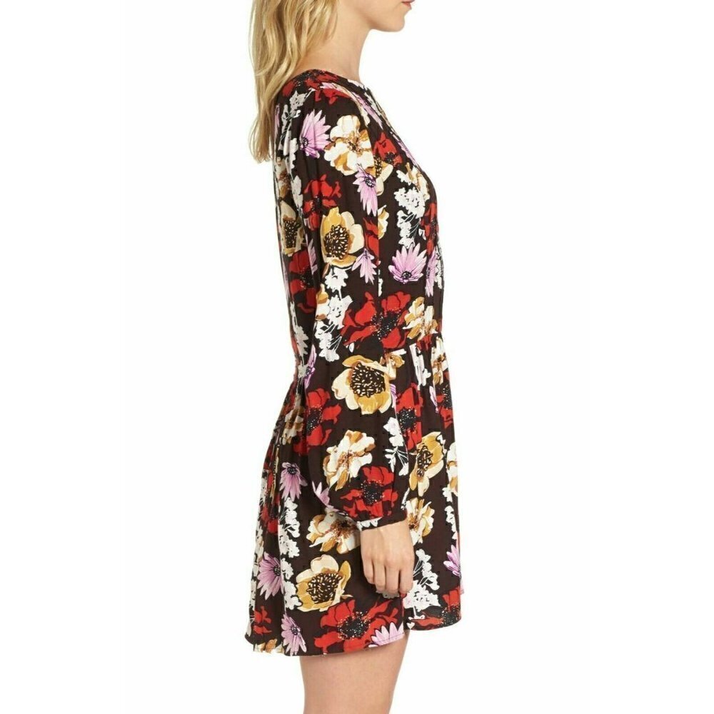 Hinge Women's Pintuck Floral Burgundy Fudge Wild Bouquet Mini Dress Size S - Picture 6 of 16